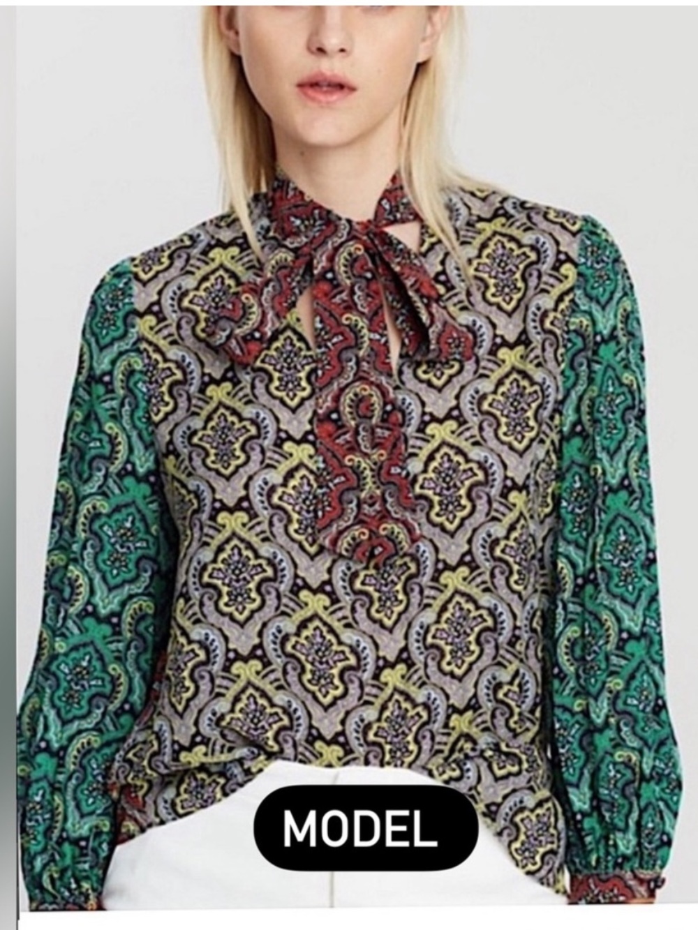 Alice + Olivia "Sheila" Crest Tile Multicolor Paisley Tie Neck Blouse Top